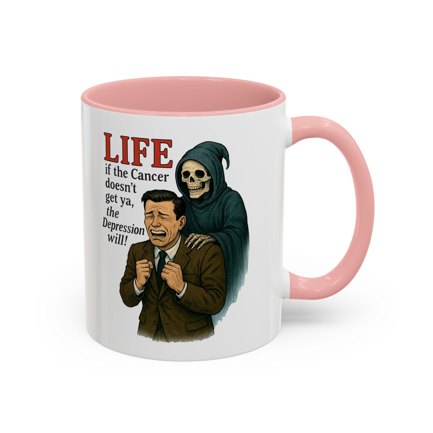 Vintage Grim Reaper “Life: If the Cancer Doesn’t Get Ya, the Depression Will!” Ceramic Accent Mug – 11 & 15 oz